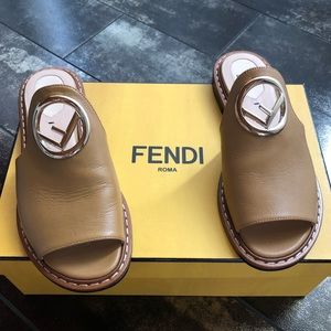 Fendi Brown/Tan Leather Sandals Mule Slides F Logo
